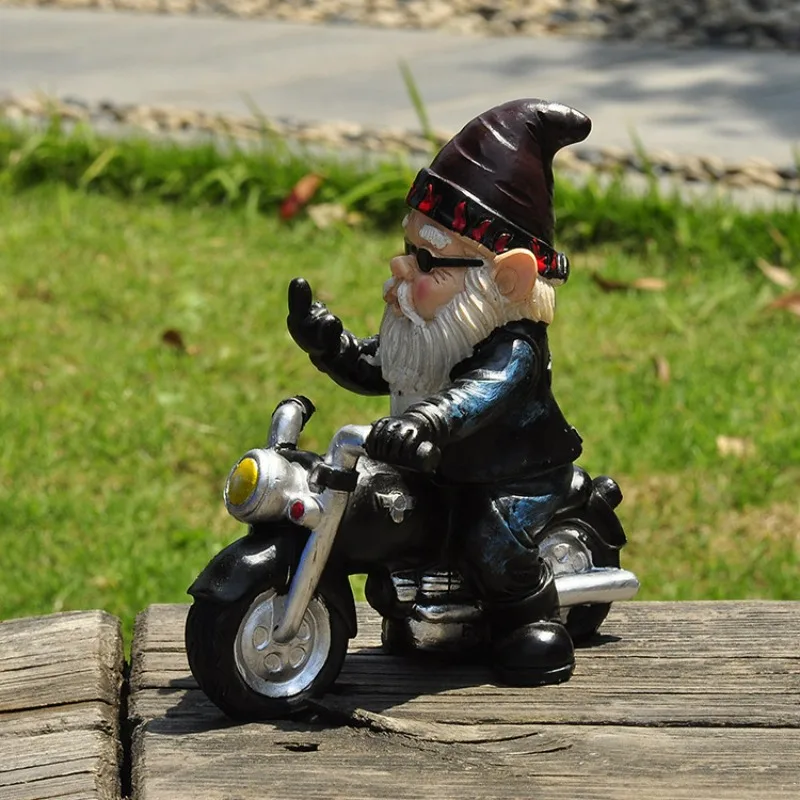 Vertical middle finger riding motorcycle, dwarf elderly, garden home, office decoration, resin ornaments, handicrafts