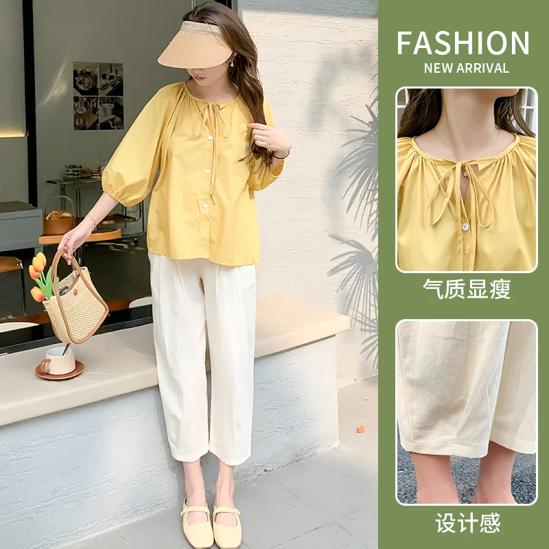 Summer Maternity Clothes Set Half Sleeve O-Neck Button Fly Shirts+Belly Pants Two Pieces Suits Office Lady Elegant Pants Twinset