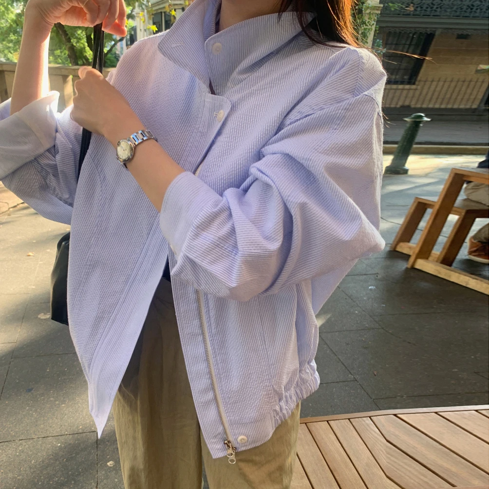 

Корейский свободный дизайн на молнии в полоску с воротником-стойкой, топ для поездок на работу, пальто Fem Faion, осень 2024 г.