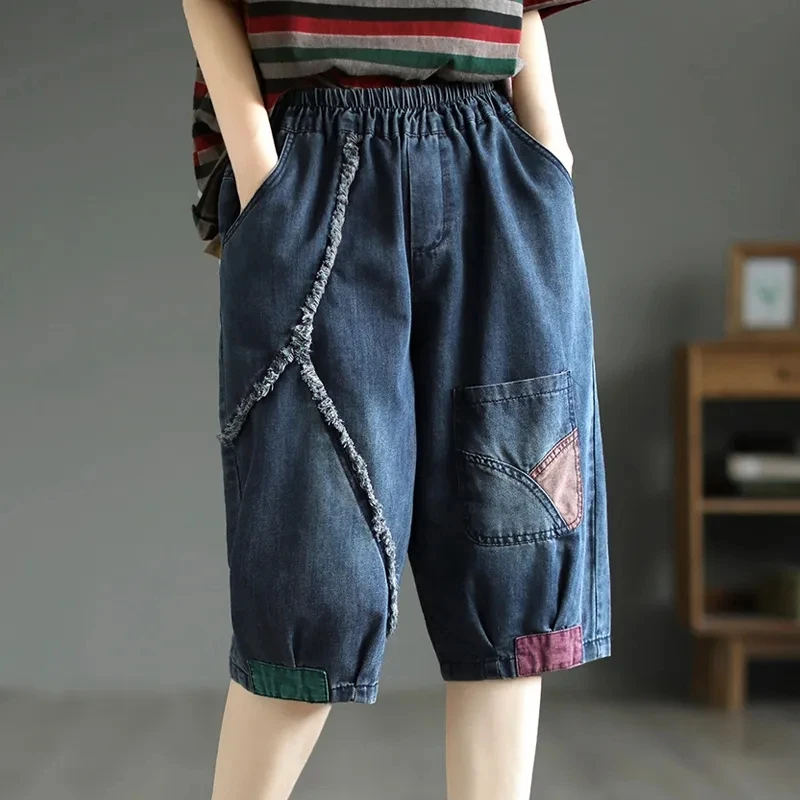 2026 Summer Art Retro Middle Pants Women's Splicing Patch Cloth Six Points Jeans Female Elastic waist Casual Short Denim Pants