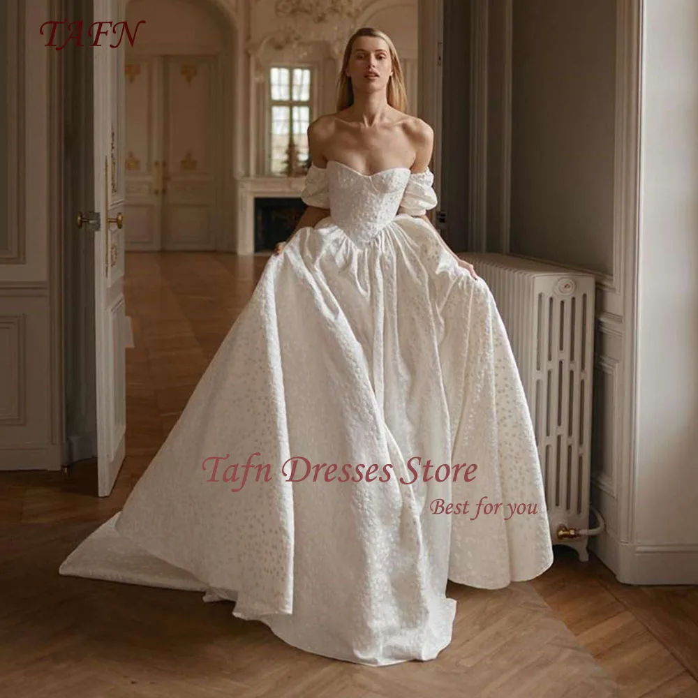 

TAFN A-line Wedding Dresses vestidos de novia Off the Shoulder Short Sleeves Sweep Train Bridal Gown robe de mariée