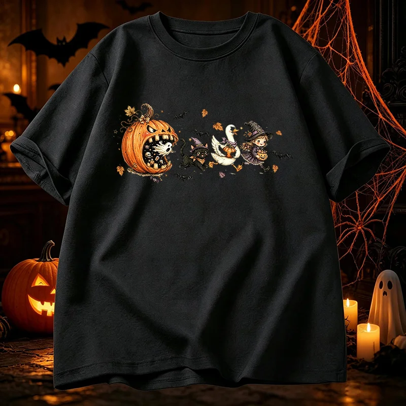 Niedliches Halloween-T-Shirt, Vintage-Cartoon-Kürbis-T-Shirt, Hexen-Grafik-Oberteil, schwarzes Katzen-Enten-Halloween-Shirt, Familien-Partnerlook-Kleidung – Detail 6