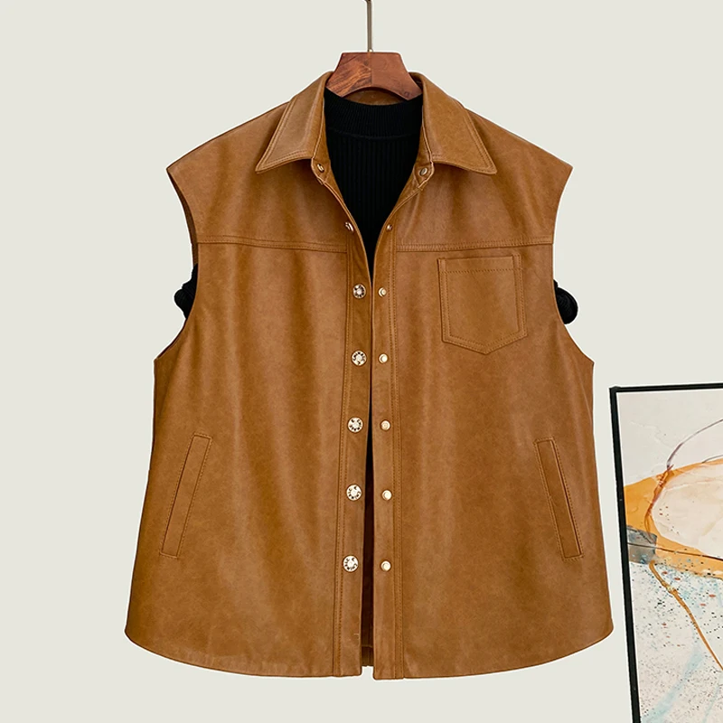 2025 Spring Women's Genuine Leather Vest Fashion Loose Turn-down Collar Sleeveless Female Covered Button Casual Waistcoat Tops