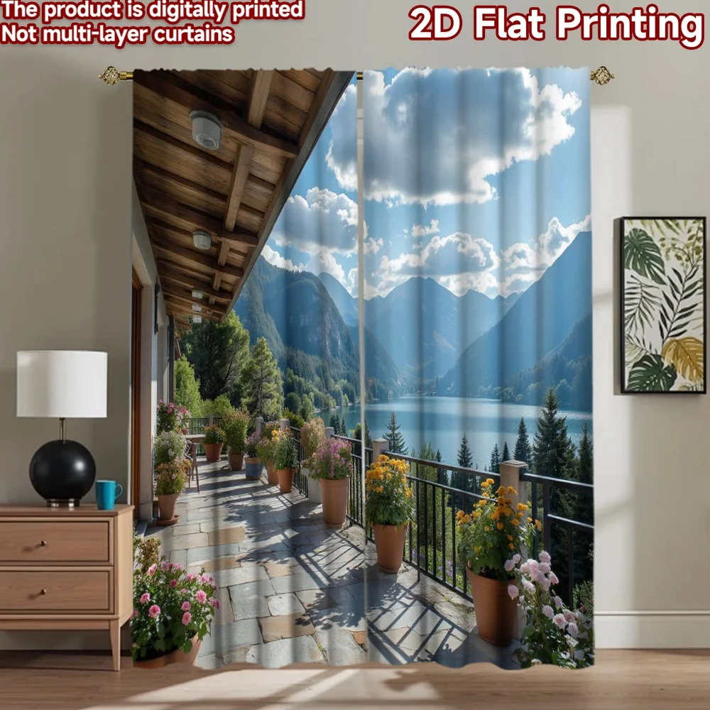 2D flat 2pcs Curtain Retro Country Style Mountain Lake Balcony View Durable polyester fiber Party & Holiday Decor Perfect for
