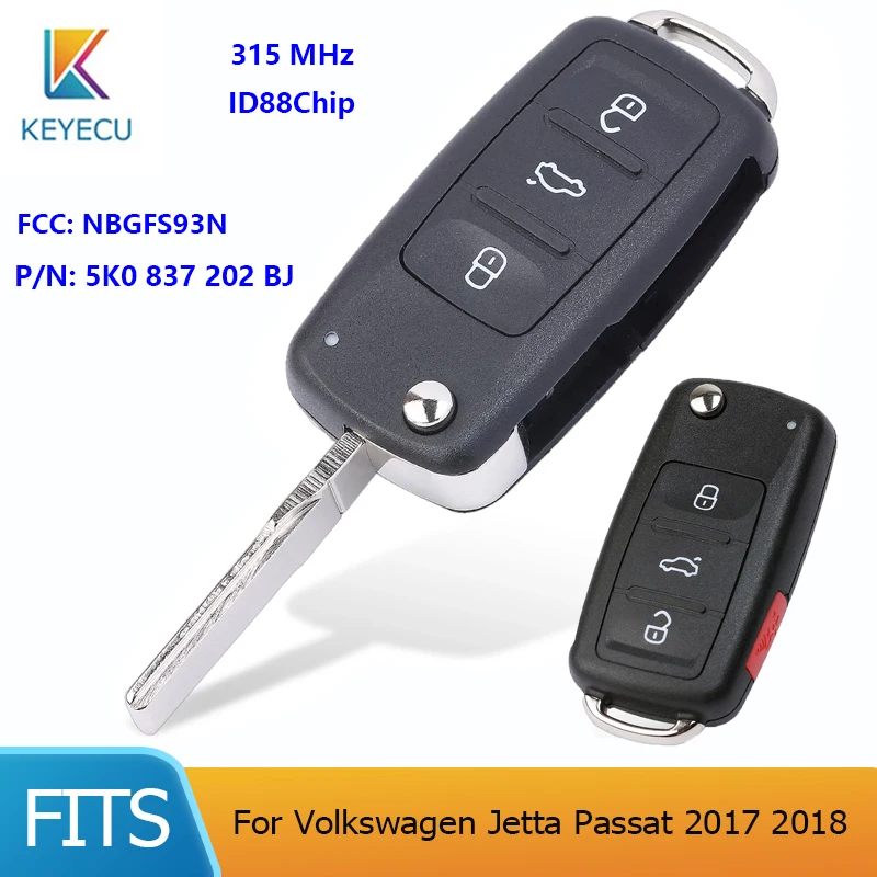 

KEYECU 4 Buttons 315Mhz ID88 Chip Remote Car Key Fob FCC: NBGFS93N PN: 5K0837202BJ 5K0 837 202 BJ for VW Jetta Passat 2017 2018