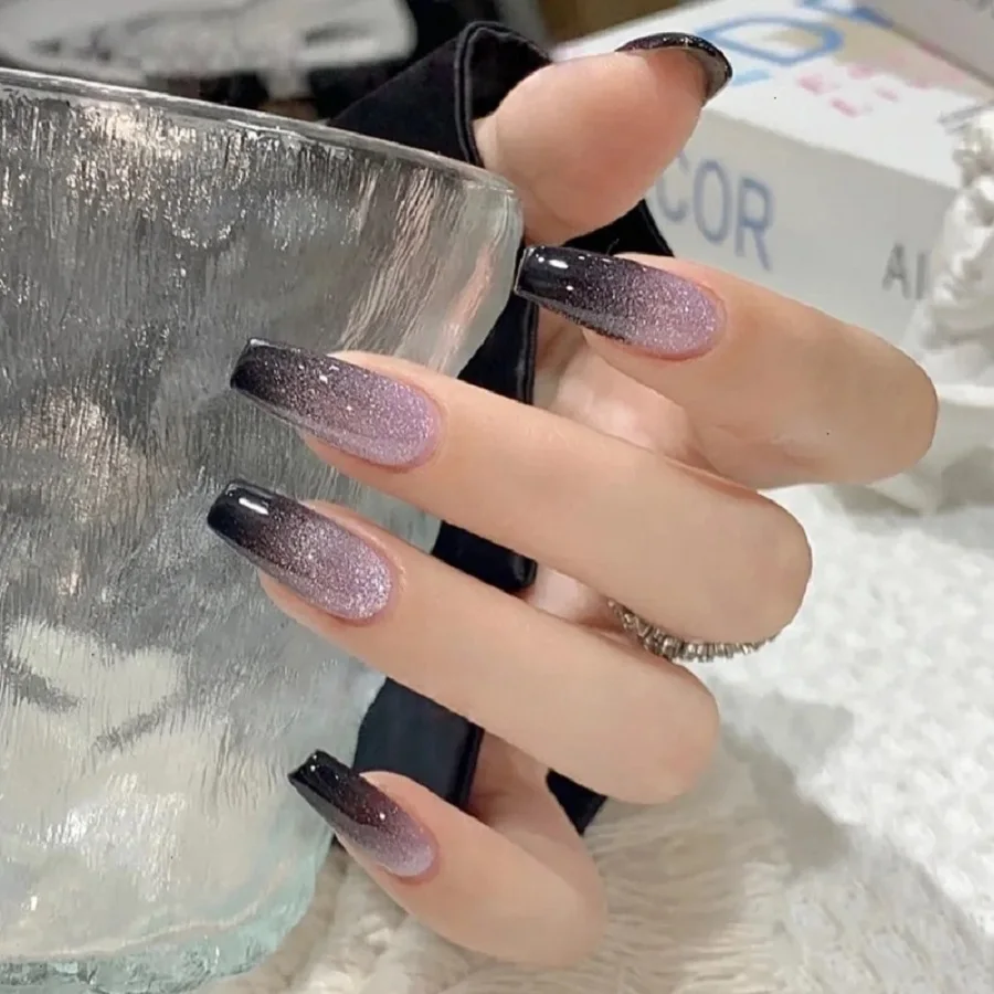 

24PCS/1BOX Galaxy Starlight Cat's Eye Nail Art Glitter Long Ballet Nail Ice Magic Purple Glitter Armor Fake Nails