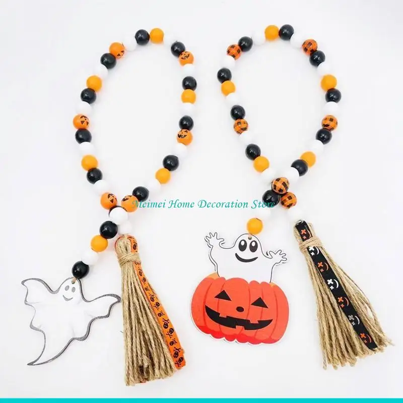 H7BF Halloween Bead Garland with Tassels Farmhouse Beads Rustic Beads