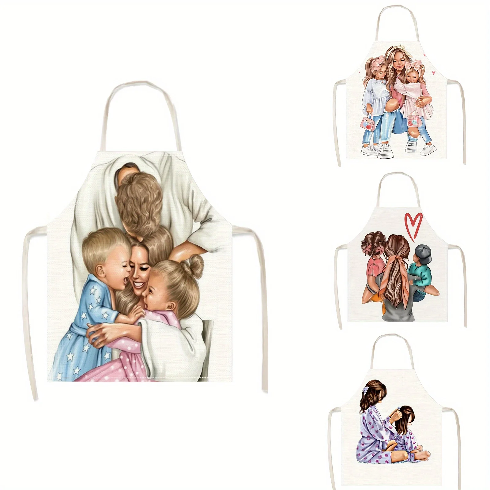 1pc Mother And Children Hug Print Apron Linen Family Love Kitchen Cooking Baking Gift For Mom