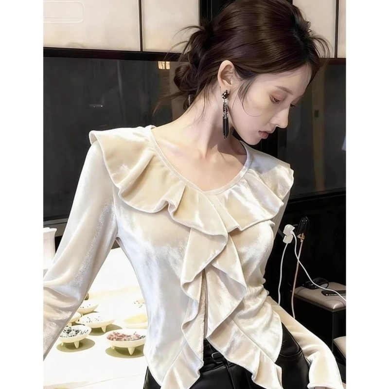 2025 Spring Fall Women Ruffles V Neck Irregular Beige Velvet Top Shirt , Slim Elegant Velour Tops Shirts for Women Clothing