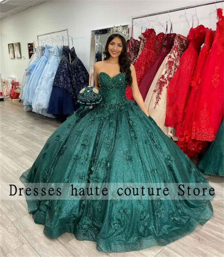 Romantic Dark Green Off The Shoulder Quinceanera Dresses 2023 Ball Gown  Appliques Lace Corset For Sweet 15 Girls Party Dresses