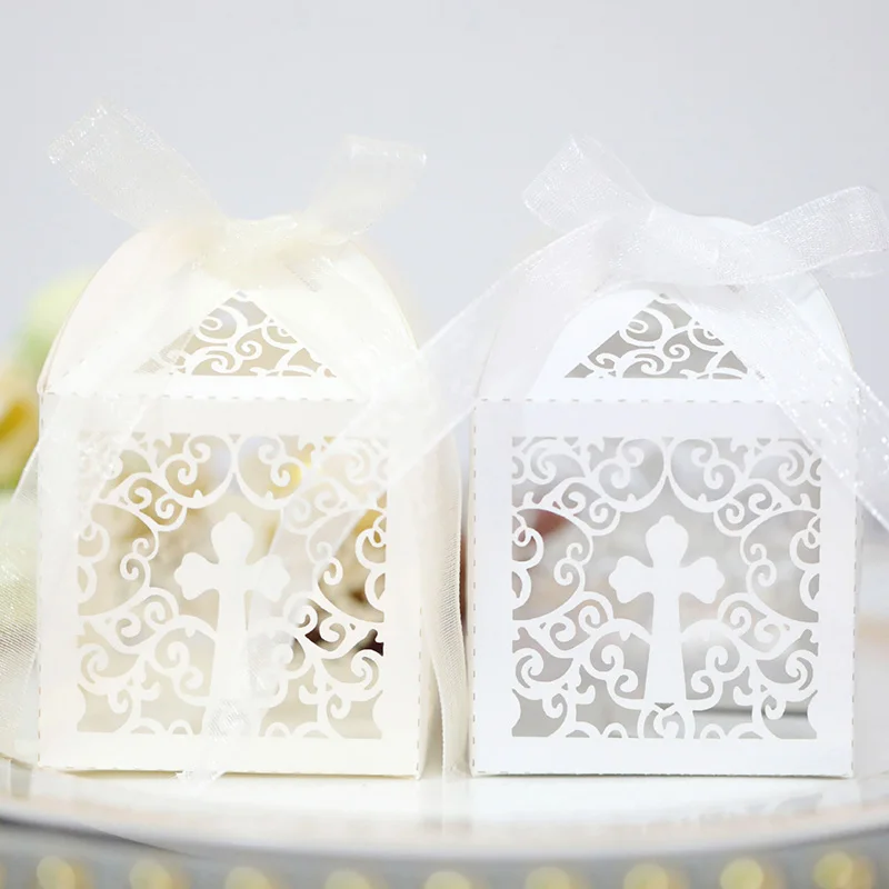 50Pcs Hollow Lace Cross Candy Box Baptism Wedding Sweet Favor Gift Box With Ribbon Communion Christening Birthday Party Supplies