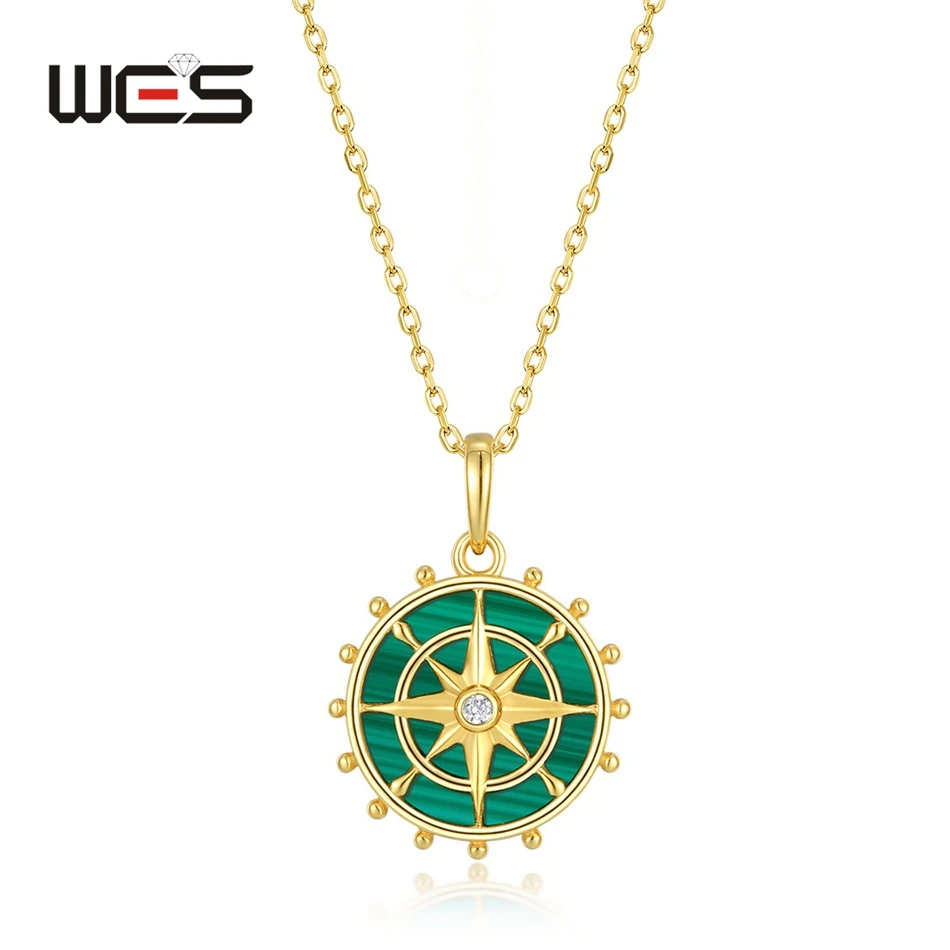 WES 925 Sterling Silver Vintage Disc Rudder Shape Malachite Gem Pendant Necklace for Woman Engagement Gifts Gold Plated