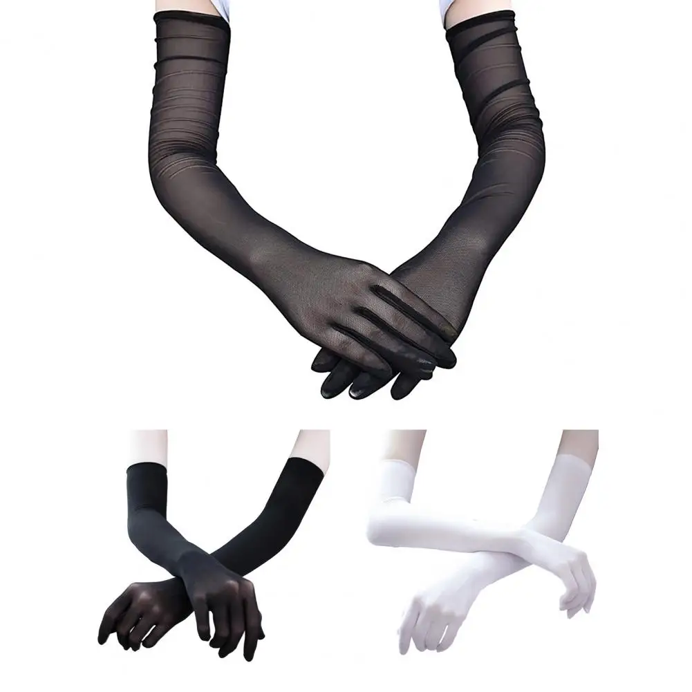 Guantes largos transpirables para mujer, manoplas sexys de encaje fino y transparente, sin costuras, de alta elasticidad, color blanco y negro, 1 par