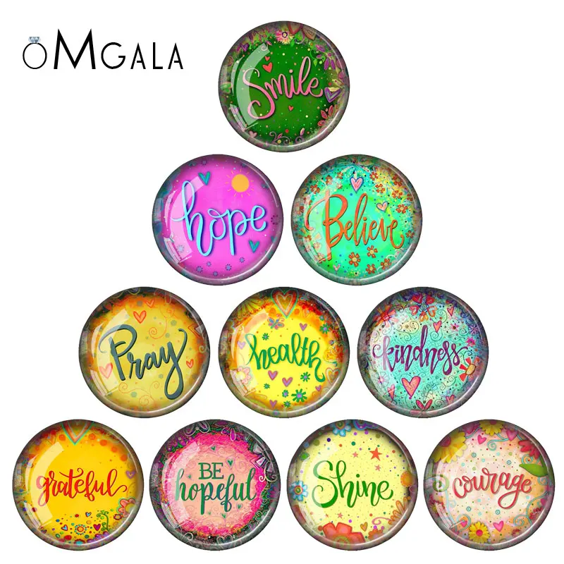 Lot de 10 cabochons photo ronds en verre à dos plat, motifs artistiques « Espoir, Amour, Courage, Croyance », 12mm/18mm/20mm/25mm, pour la création de bijoux