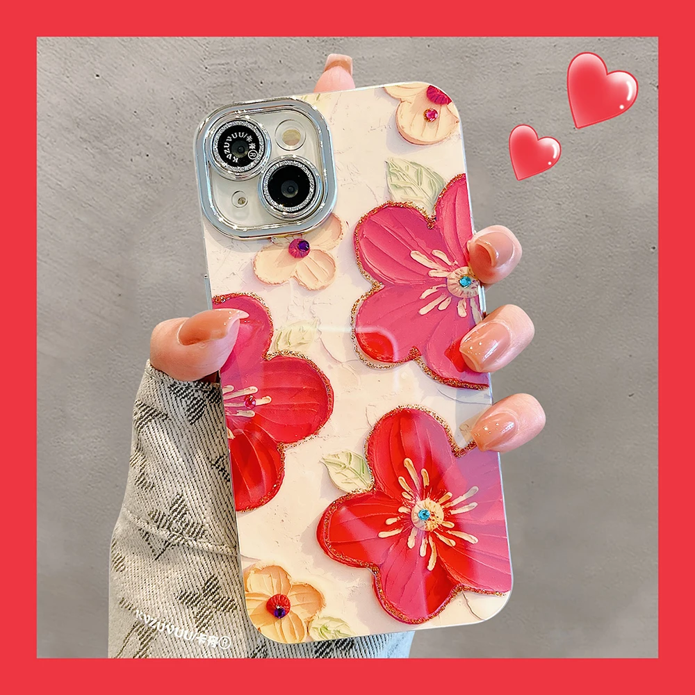 

For iPhone 15 14 13 12 Pro Max 11 Fashion Blue Light Red Flower Glitter Shockproof Phone Case with lens protective film