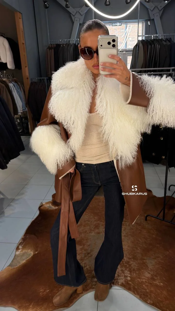 Laur 2026 Women Faux Leather Winter Jacket Big Curly Fur Collar Cuffs Belted Waist Warm Autumn Winter Outerwear