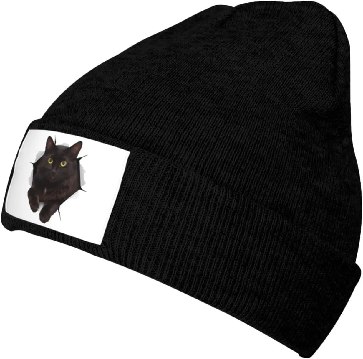 Cute Black Cat Torn Hole Knit Hats for Men and Women Black Beanie Winter Soft Cozy Warm Stretch Thick Trendy Beanies Hats