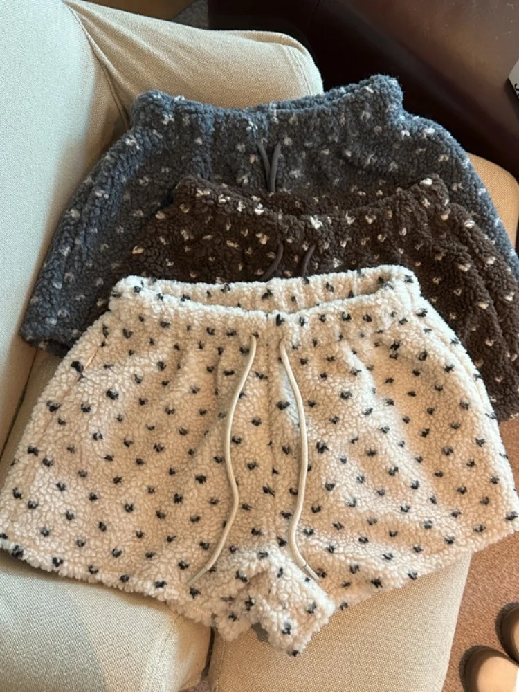 

High Waist Lamb Fur ort Pants Women's Spring Autumn Heart Print Dstring A-Line Wide Leg Boot Pants Comfortable Casual