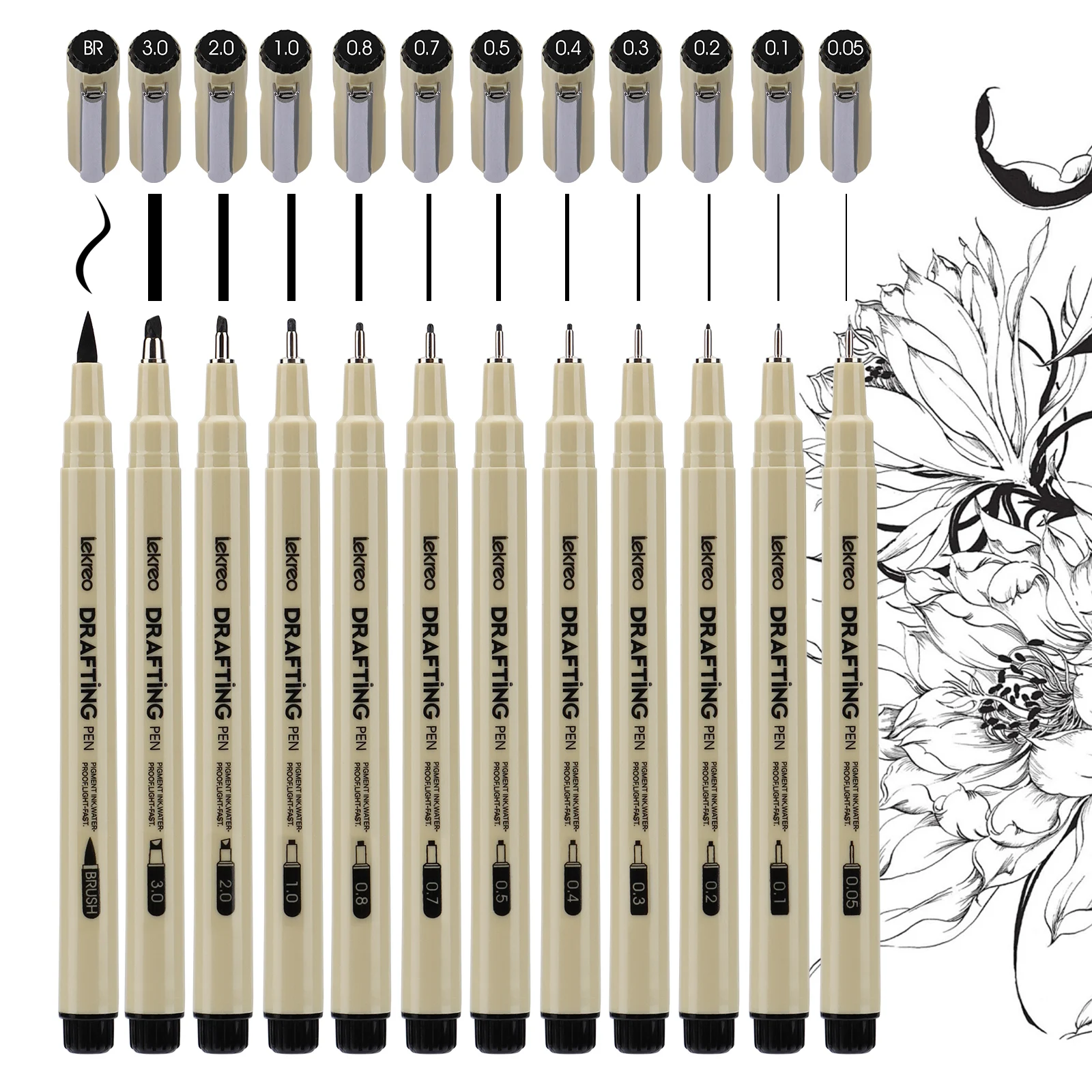 Lekreo 12 Size Micron Fineliner Pens - Archival Black Ink Pen - Pens for Writing, Drawing, or Bullet Journaling