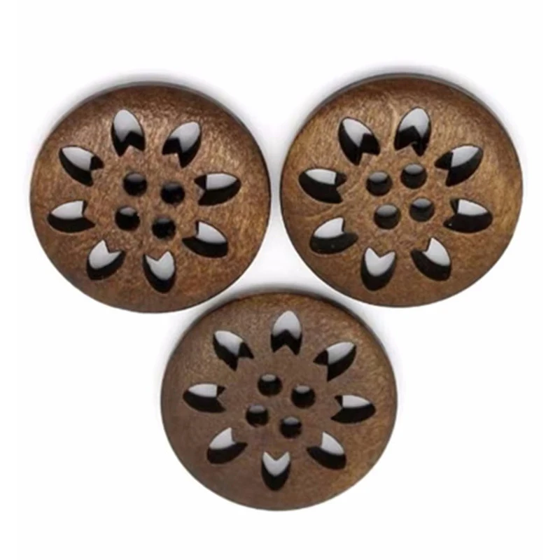 10pcs Wooden Buttons Hollow Flower Round 25mm Buttons Bead 7NK104