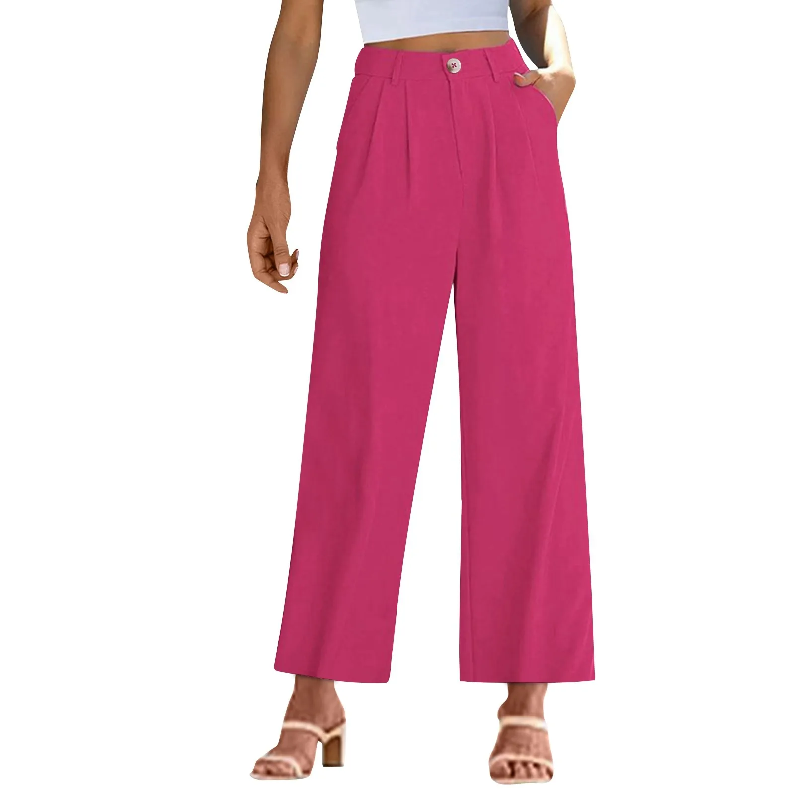 Calça reta de perna larga larga larga feminina, cintura alta, botão, casual para negócios, deslocamento diário, calça formal com bolsos, verão