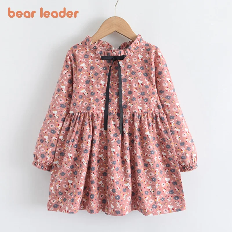 Bear Leader 2026 Autumn New Floral Beauty Picture Dresses Fashionable Retro Printed Long Sleeved Bow Children's Casual Dress