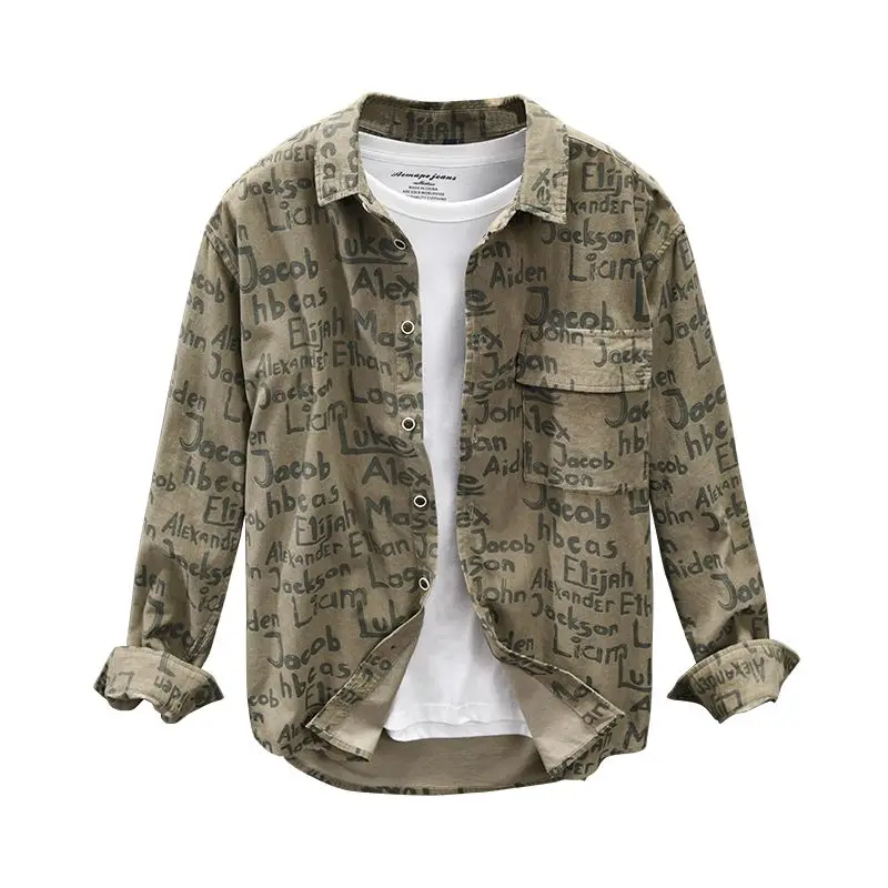 Japanese Retro Letter Printed Long-sleeved Shirt Men Spring and Autumn Fashion Large Size Casual Loose Shirt Jacket Trendy