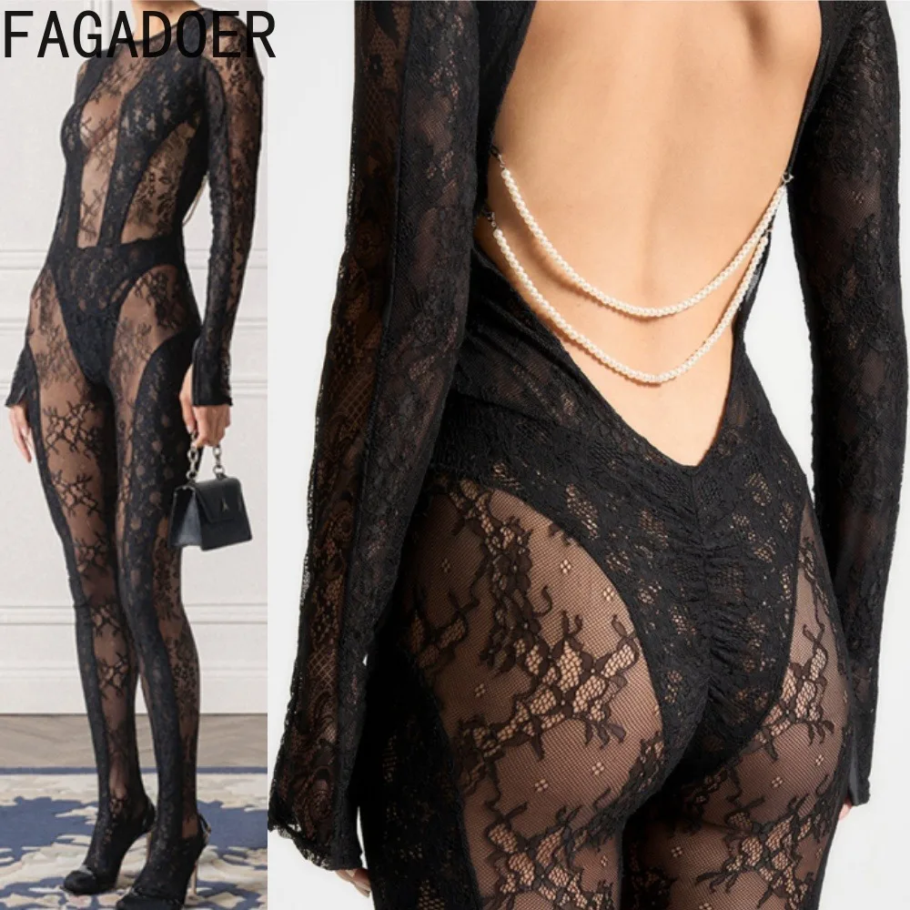 

FAGADOER Sexy Lace Black Jumpsuit Women See Through Backless Pearls Patchwork Bodycon Rompers Female Party Clubwear Overalls