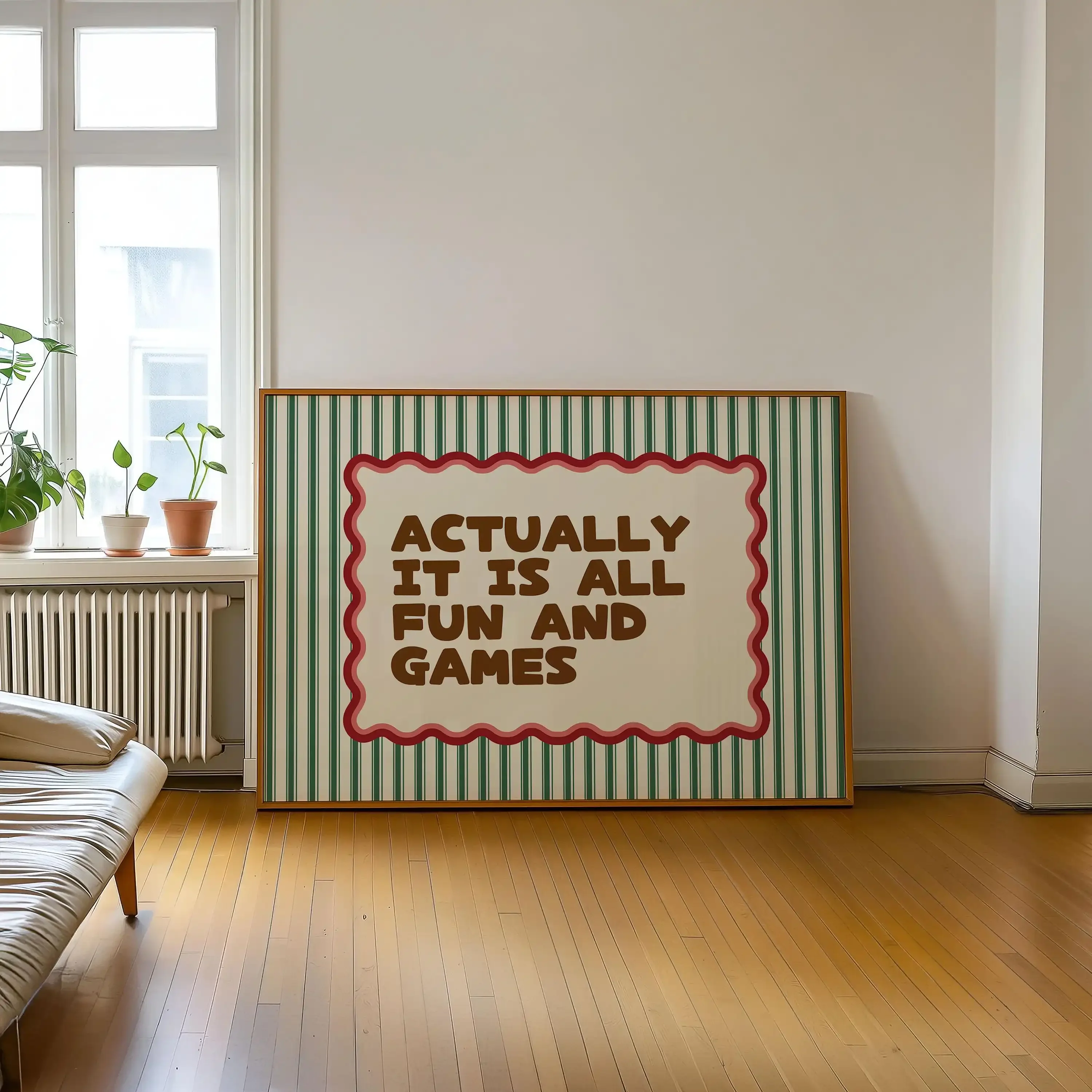 Multiple sizes 1pc frameless Canvas Painting,Modern Green Red Brown Striped Line Typography Poster Actually It Is All Fun and Ga