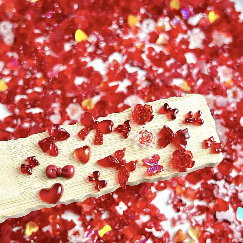 Solid Color Bows Heart Mixed Nail Art Charms 3D Jelly Red Series Butterfly Camellia Nail Decorations for DIY Hairpin Nail Crafts