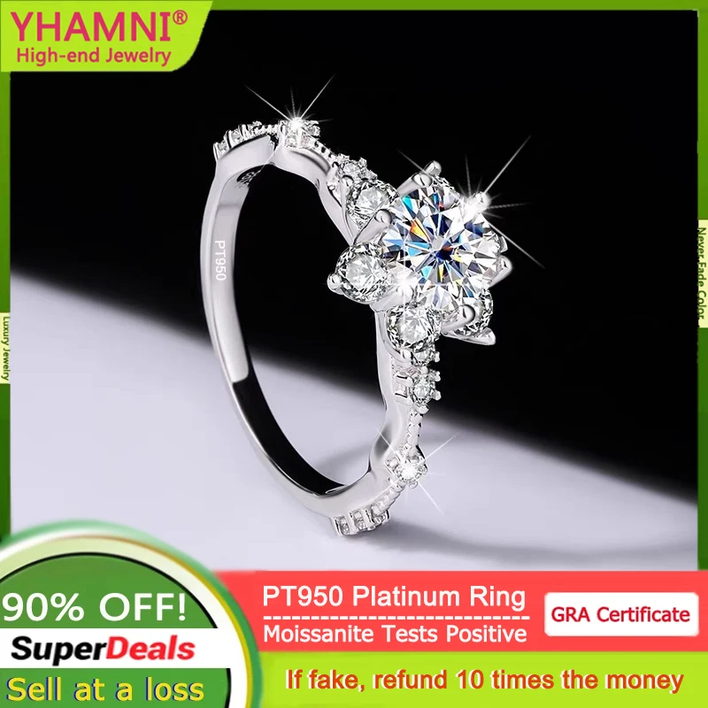 

YANHUI Real PT950 Platinum Moissanite Engagement Ring Brilliant VVS Diamond Halo Wedding Band for Women Sunflower Promise Ring