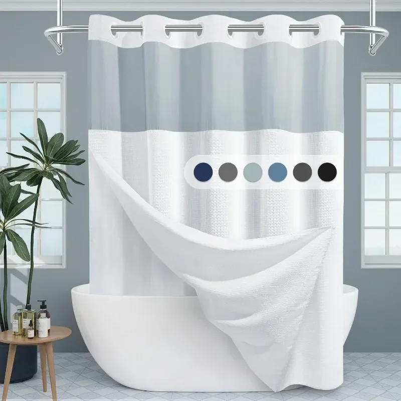 

White Hookless Shower Curtain with Snap Liner, Waffle Weave Bathroom Shower Curtain