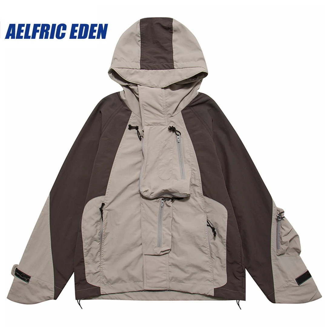 

HipHop Men Hooded Windbreaker Jacket Front Zipper Pockets 2023 Zip Up Track Hoodie Jacket Coats Color Block Patchwork Streetwear