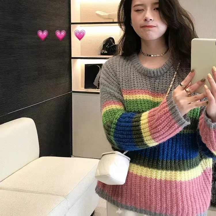 2025 spring Autumn Women Sweaters Casual loose Long Sleeve O-neck Knitted Pullover Sweater Rainbow stripes Jersey Tops Clothes