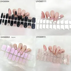 22 Tips/Sheet Aurora Semi Cured Gel Nail Strip Sticker UV/LED Lamp Cured Glitter Nail Gel Polis Wraps Full Cover Nail Decals