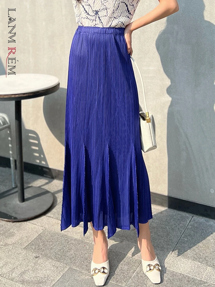 

LANMREM Pleated Long Skirts For Women Elastic Waist Fold Hem Solid Color Female Elegant Clothing 2024 Summer Spring 2R6864