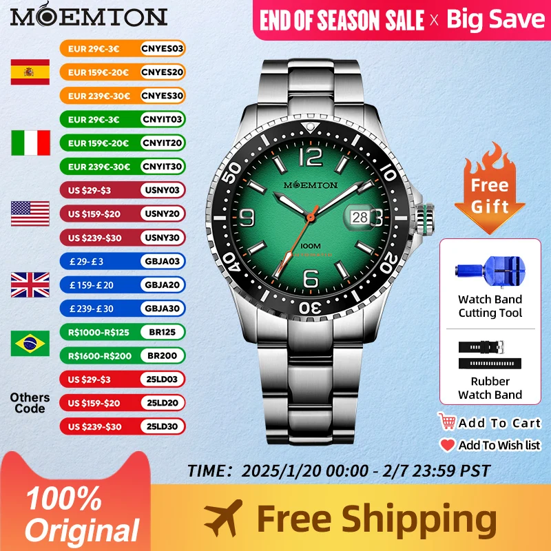 MOEMTON-Montre mécanique pour homme, verre saphir, étanche à 100m, sport, luxe, acier inoxydable, original, 3, 4, 10 bars