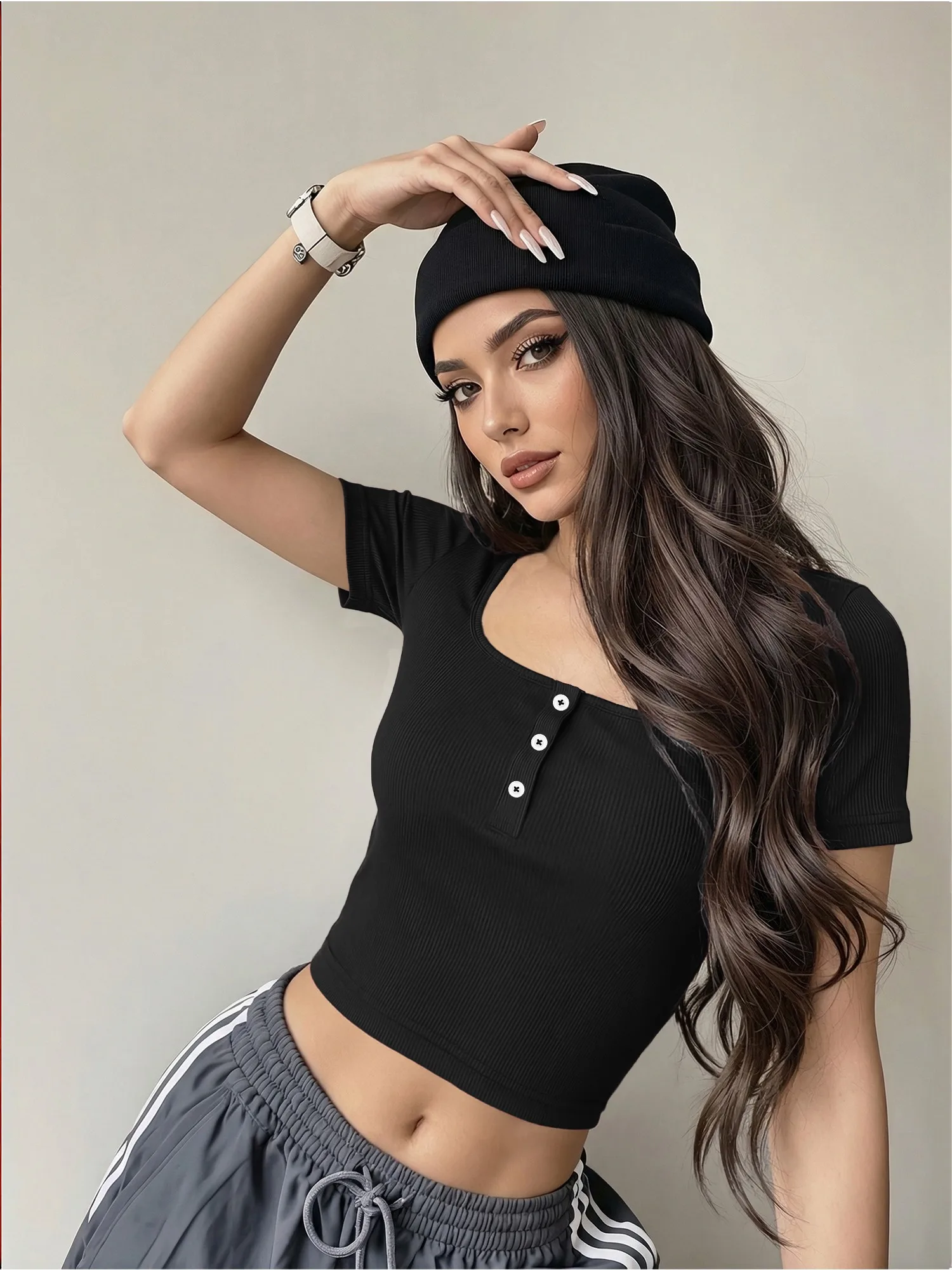 Women Y2K Going‑out Ribbed Crop Top Square Neck Henley Decorative Buttons Short Sleeve Slim Streetwear Tee