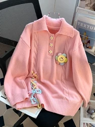 Zoki Japan Cute Loose Sweaters Women Casual Oversize Kawaii Knitted Pullovers Vintage Long Sleeve Lace Up Lady Sweet Jumpers Top