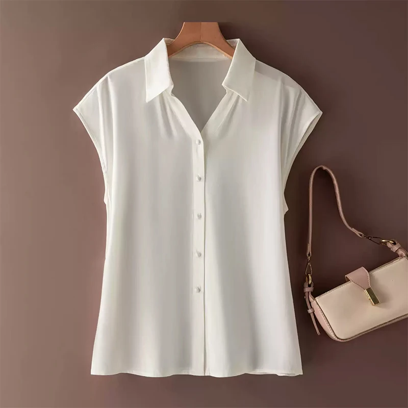 93% Mulberry Silk 7% Spandex V-neck White Color Cap Sleeve Women Shirt Top T-shirt Blouse Office Work FF090