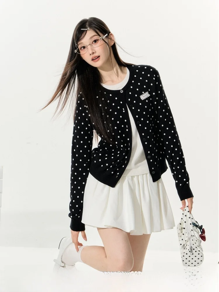 

ELEVEN SP Polka Dot Knitted Open Cardigan Spring Top Women's Loose Fit Casual Sle Long Sve Cotton Sweater Coat