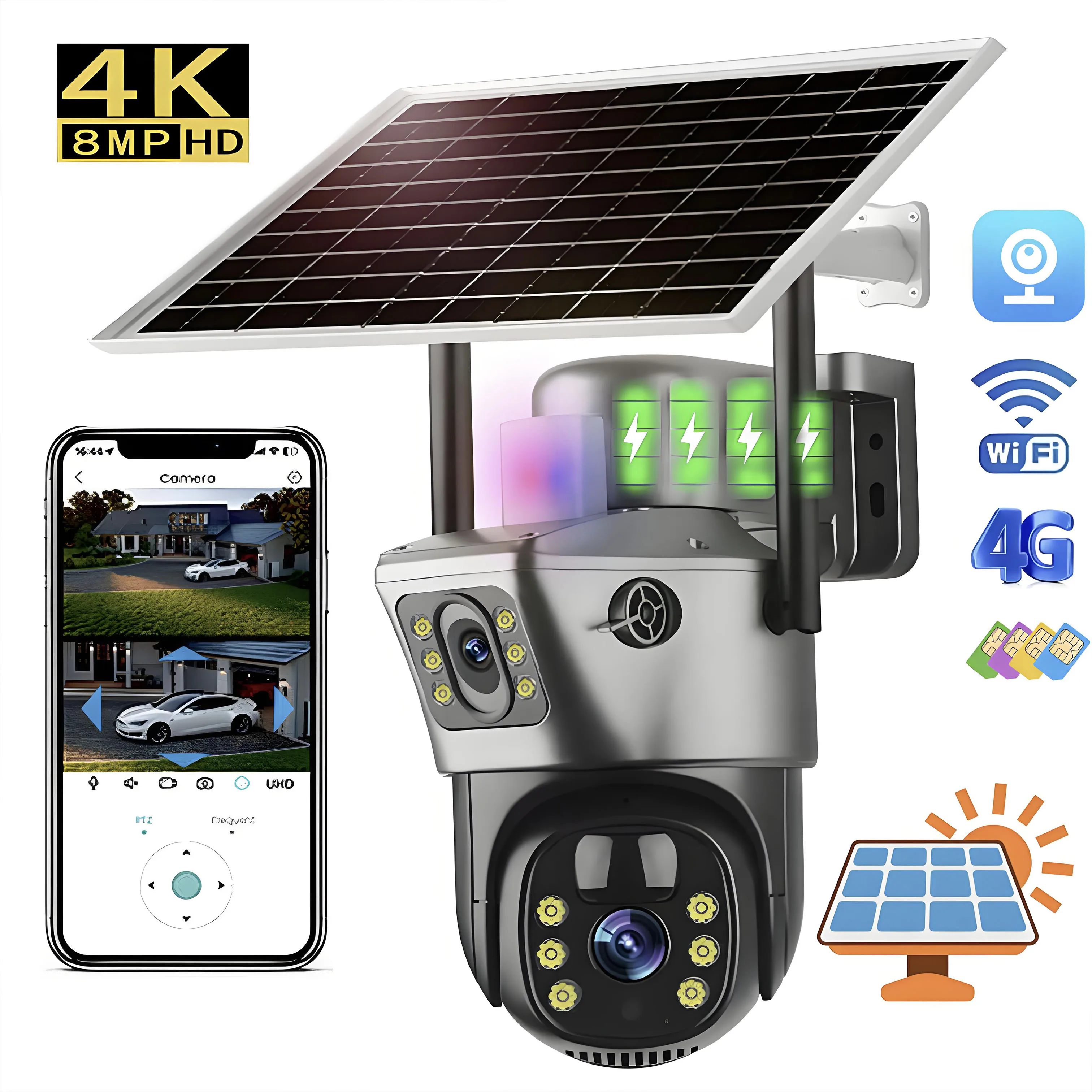 야외 감시 태양광 카메라, 와이파이 4G, 4K, 8MP, 360 무선 야간 투시경, 방수 CCTV, 보안 보호, IP 카메라