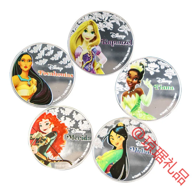 5PCS Disney Princess Commemorative Coin Snow White Cinderella Sleeping Beauty Cute Action Anime Collectible Toys Ornaments Gifts