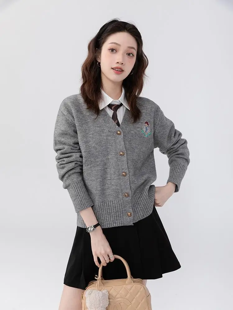 American Vintage Badge Bear Embroidery Cardigan Short Jacket Preppy College Girls V-neck Sweater Coat Autumn Winter Long Sleeve