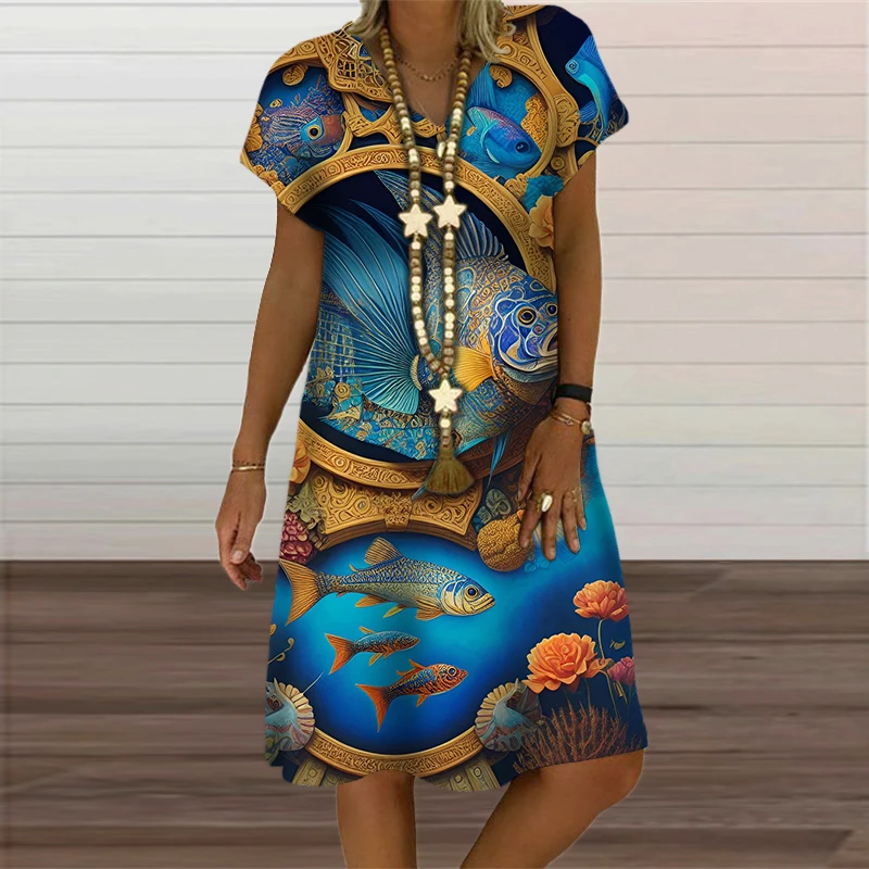 New Women Ocean Life Sea 3D Fish Print Dresses For 2023 Summer Beach Style Loose Short Sleeve Dress Casual V-Neck Woman Clothes