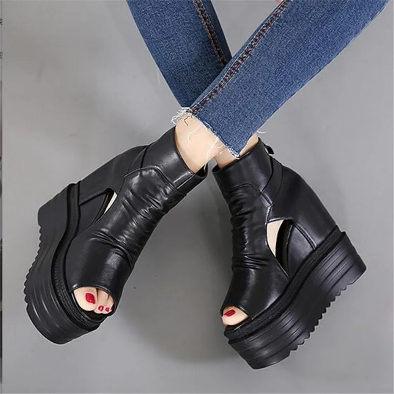 12CM High Quality Soft Leather Summer New Sandals High Heel Platform Sandal Boot Wedge Peep Toe Women\'s Shoes Hollow Roman Shoes