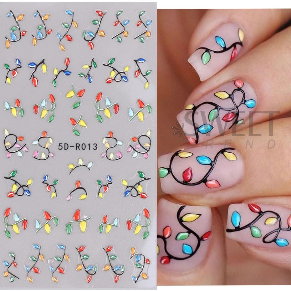 Colorful Christmas Light 5D Embossed Nails Art Stickers Snowflake Glove Decals Self Adhesive Bells Light DIY Manicure Decoration