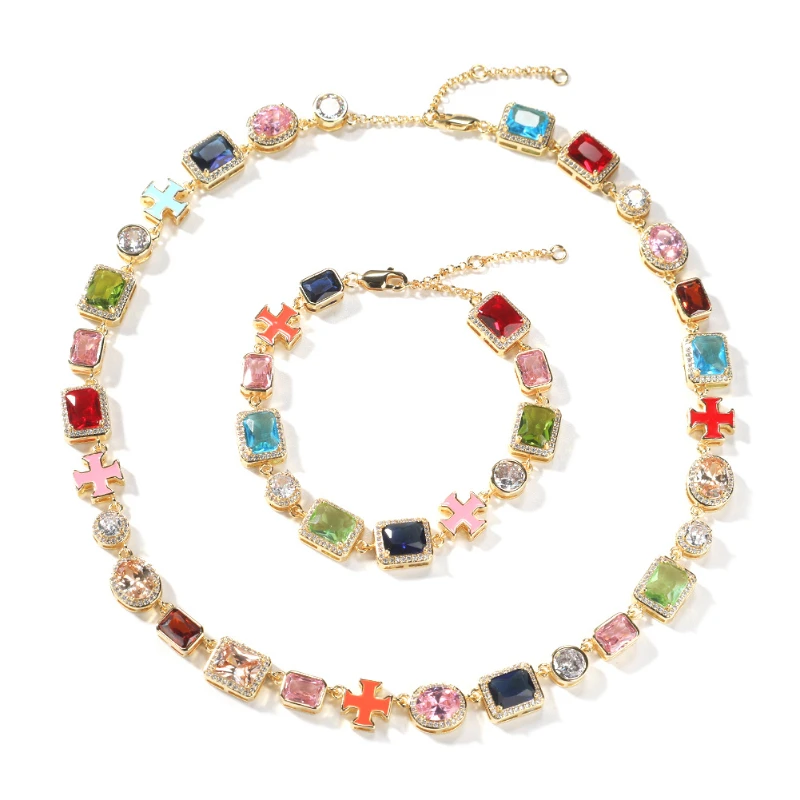 

Timeless Iced Out Multicolor Green Blue Red Pink Black Gem Stone Enamel Cross Chain Necklace BigGemstone Bracelet HipHop Jewelry