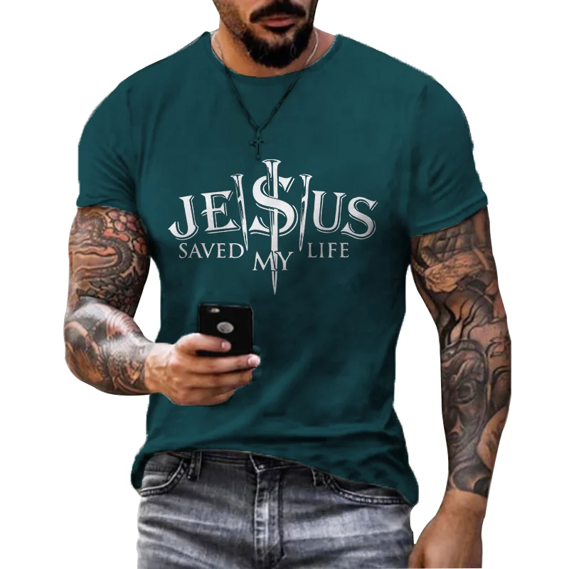 

Summer Retro Style Green T Shirt For Men Fashion JESUS Letter Print Men's Short Sleeve Tee Shirts Quick Dry Men's O-Neck Loose