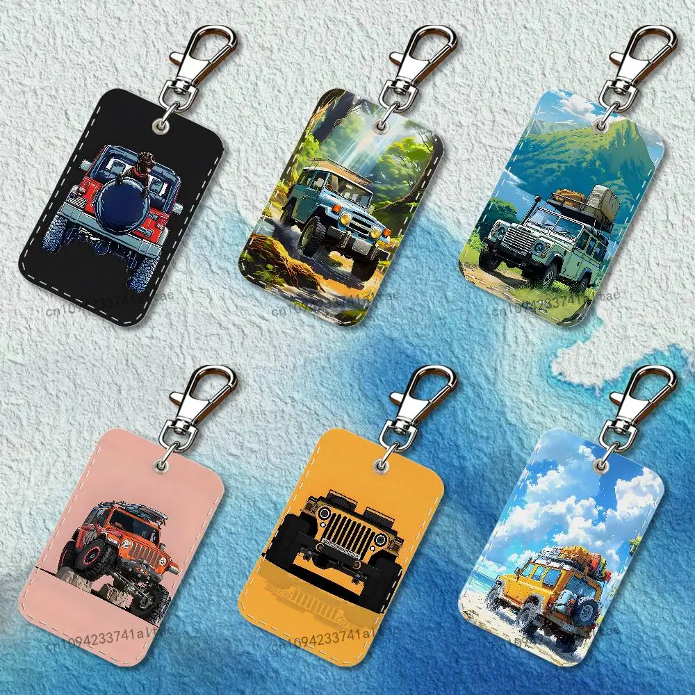 

J-Jeep off-road SUV Rectangle Card Case Keychain Access Card Bag Key Tag Ring Leather Card Holder Key Ring Access
